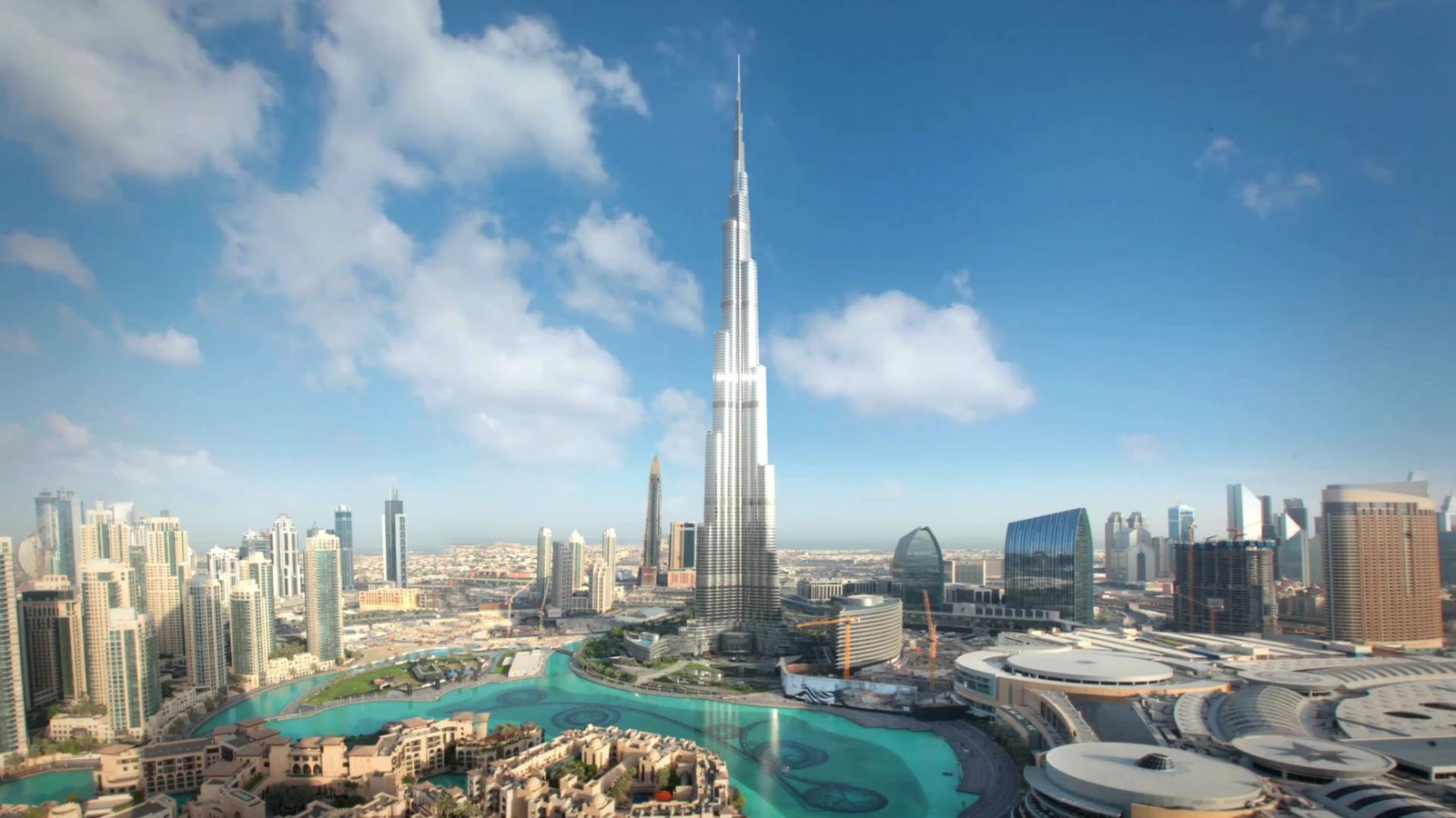 Dubai skyline with Burj Khalifa and moving clouds
